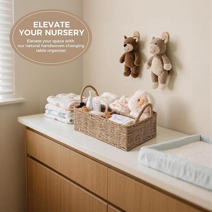 Diaper Caddy Organizer, Hand Rattan Nursery Baby Basket Changing Table Organizer for Baby Essentials, Baby Shower Gifts, Versatile Shelf Basket Bathroom/Kitchen Organizer (Natural, L)