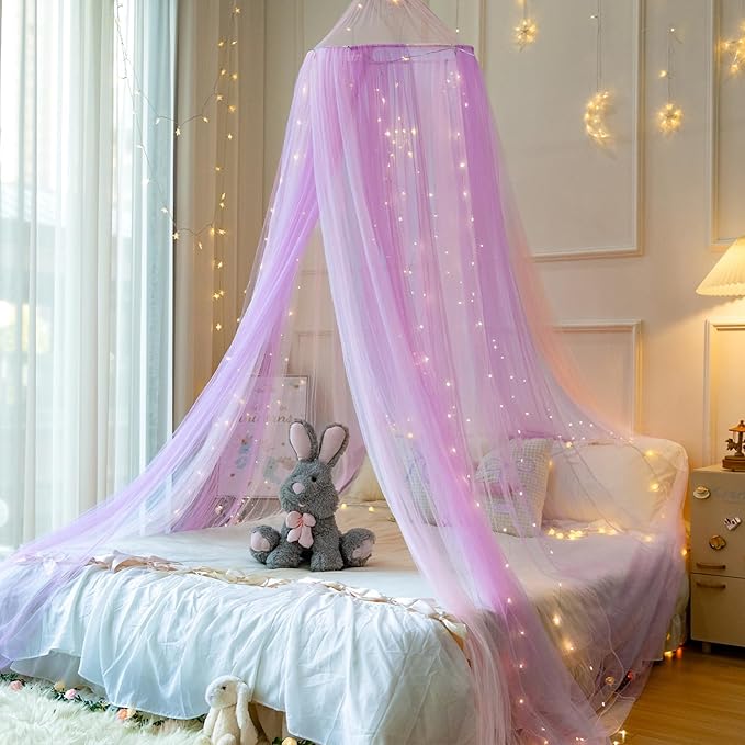 Princess Pink Purple Bed Canopy with Lights for Girls Bed Net,Princess Canopy for Kids Bed Room Decor (Pink Purple+Lights)