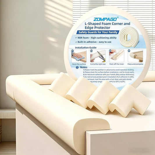 ZOMPAGO Baby Proofing Edge Protector,4 Corner Guards Foam L-Shape Self-Adhesive Corner Guards,Baby Crib Bumper Pad,Wall & Corner Protector Baby,Foam Corner Protectors for Nursery Kitchen Fireplace