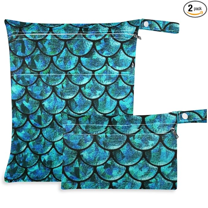 visesunny Blue Mermaid Scale 2Pcs Wet Bag with Zippered Pockets Washable Reusable Roomy for Travel,Beach,Pool,Daycare,Stroller,Diapers,Dirty Gym Clothes, Wet Swimsuits, Toiletries