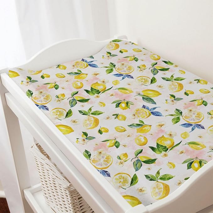 Watercolor Lemons Leaves Changing Pad Covers Summer Lemon Boho Flowers Leaves Fitted Baby Changing Table Sheets for Boy Girl Fruits Soft Breathable Stretch Diaper Change Table Pad Mats 32''x16''