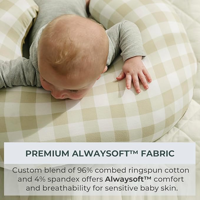 Pobibaby 1-Pack Premium Nursing Pillow Cover - Ultra Soft & Stretchy 96% Cotton, Breastfeeding Pillow Cover for Baby Boys and Girls (Gingham Khaki)