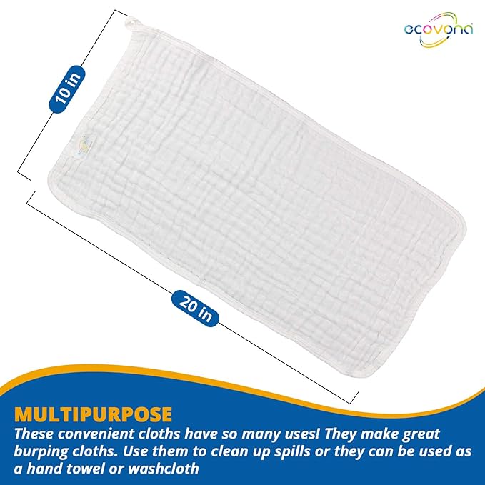 Muslin Burp Cloth for Baby Boys and Girls (8 Pack) | Cotton Newborn Essential Must Have Item | White Unisex Design | Super Soft and Absorbent Burping and Spit Up Cloths | Multi Use Baby Shower Item
