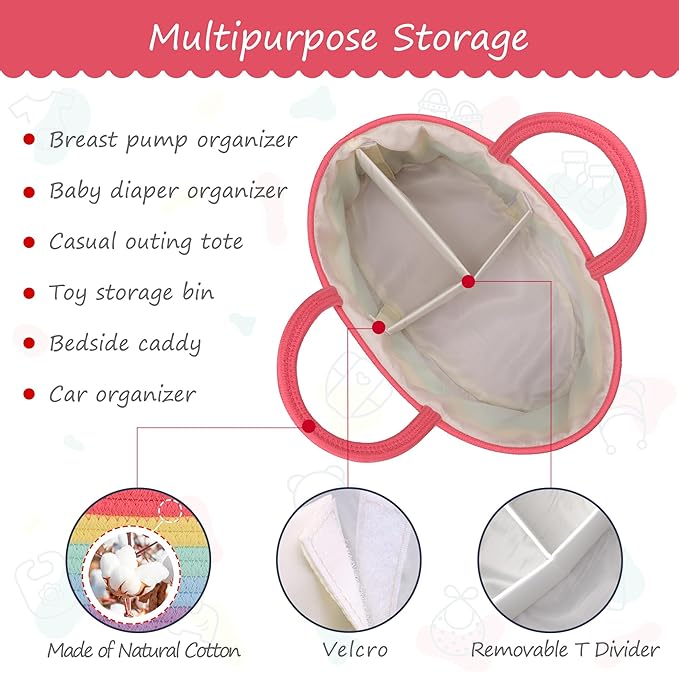 COMSE Large Baby Diaper Caddy Organizer for Girl Boy, Car Caddy with Handles, Cotton Rope Basket for Changing Table, Nursery Organizer, Gift for Baby Shower and Registry Must Have, Rainbow