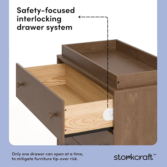 Storkcraft Texas 3 Drawer Chest with Removable Changing Table Topper (Hazelnut) – GREENGUARD Gold Certified Baby Dresser, Interlocking Drawer System for Nursery & Kids’ Bedroom Dresser