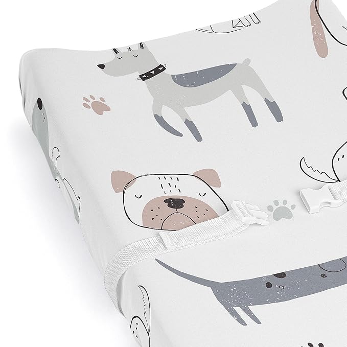 Sweet Jojo Designs Dog Boy Girl Unisex/Gender Neutral Baby Changing Pad Cover Sheet Infant Newborn Diaper Table Change Mat Cover Grey Taupe Blue Modern Puppy Pet Watercolor Puppies Bulldog Paw Print