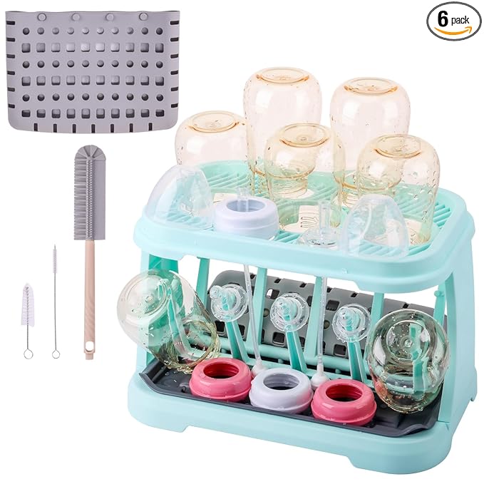 Baby Bottle Drying Rack with Brush & Dishwasher Basket - Space Saving Standing Drying Rack for Baby Bottles, Pump Parts & Accessories, Compact Organizer Holds Up to 8 Bottles (Blue)
