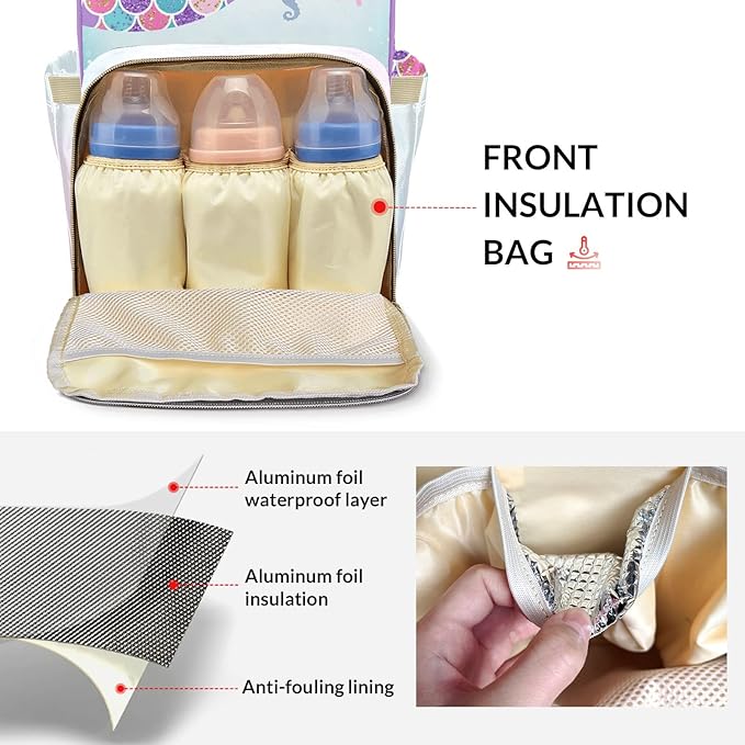Mermaid Tail Gold Pink Purple Mommy Bag for Baby Girl Custom Diaper Bag Backpack Waterproof Multi-Function Travel Camping Picnic Diaper Carrying Bag