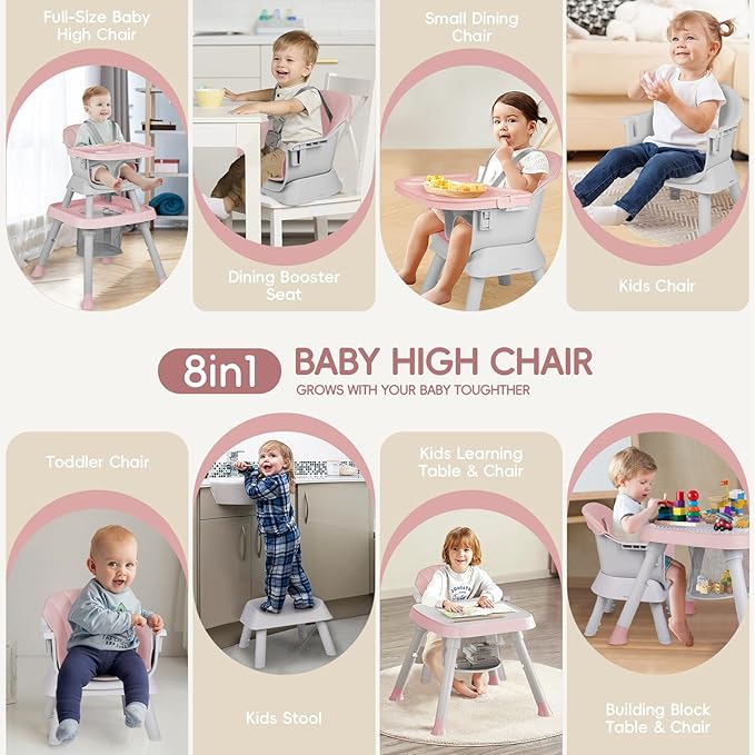 8-in-1 High Chair for Babies and Toddlers, Converts to Dining Booster Seat, Kids Table & Chair Set, Building Block Table, Kids Learning Table, Double Removable Tray, Pink