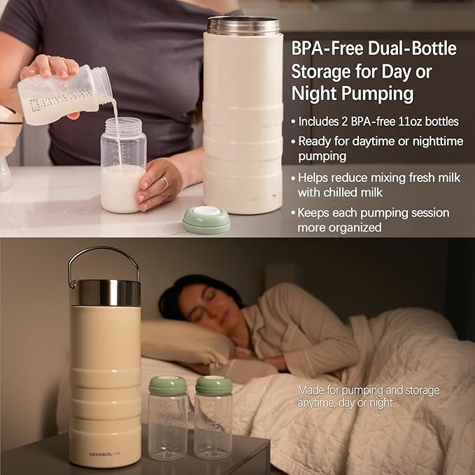 22oz Premium Stainless Steel Breast Milk Cooler, 360° Cooling Gel Ring, 24-Hour Cold Storage, 2 BPA-Free 11oz Bottles, Leak-Proof, Designed for Working Moms and Full-Day Outings