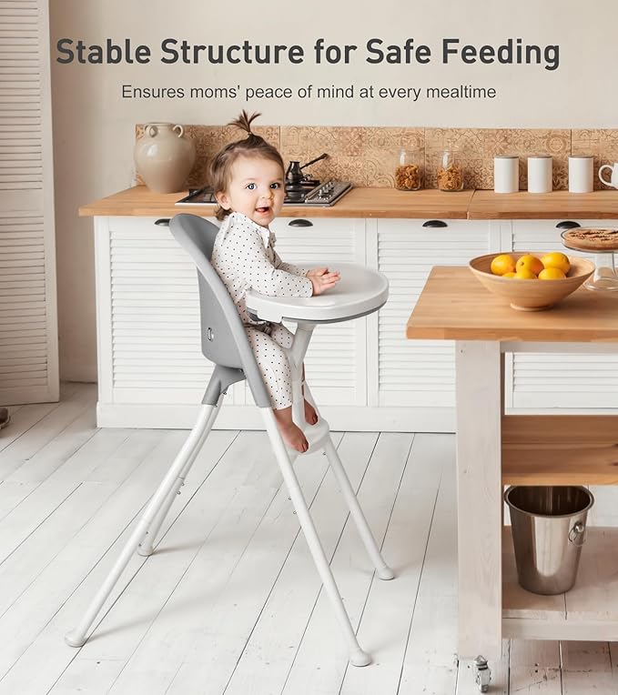Mallify Foldable High Chair, Space-Saving Portable Baby High Chair with Removable Double Tray, Modern Convertible Baby Feeding Chair, Lightweight, Easy to Clean, Gray