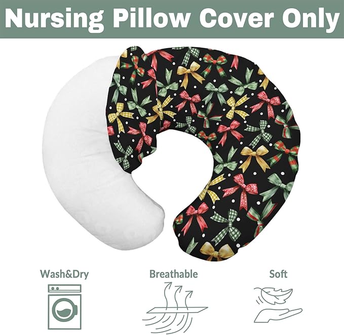 Christmas Bows Baby Nursing Pillow Covers for Boy Girl Winter Bows Plaids Nursing Pillow Slipcovers for Breastfeeding Pillows Girly Christmas Ribbons Soft Stretchy Removable Covers for Newborn Infant