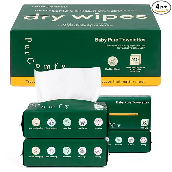 PurComfy Baby Dry Wipes for Newborn, 4 Pack Plant-Based & Hypoallergenic Disposable Cloths for Baby Diaper Changes, Meal Time & Runny Noses, Use Wet or Dry, Total 240 Count
