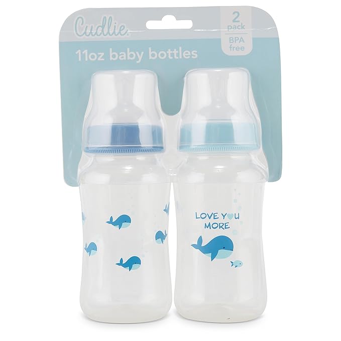 Premium 4-Pack Baby Bottles - 11 Ounce, Hourglass Shape, Fun Boys and Girls Prints, Clear Cover - BPA-Free