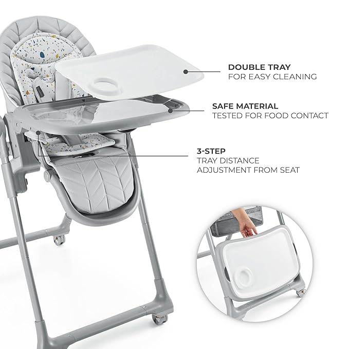 Kinderkraft LASTREE Foldable Baby High Chair for Babies and Toddlers with Reclining Function, Play Bar, Adjustable Tray and Footrest in Grey