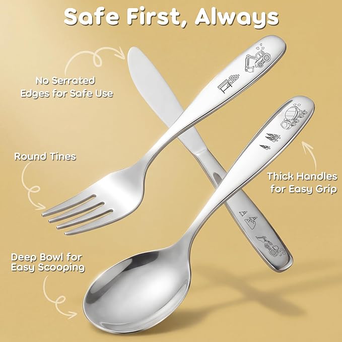 Lehoo Castle Kids Silverware 6-Piece | Toddler Utensils for 3 Year Old, Toddler Forks and Spoons Knife Set, Children Safe Flatware for Self Feeding (Construction Vehicles)