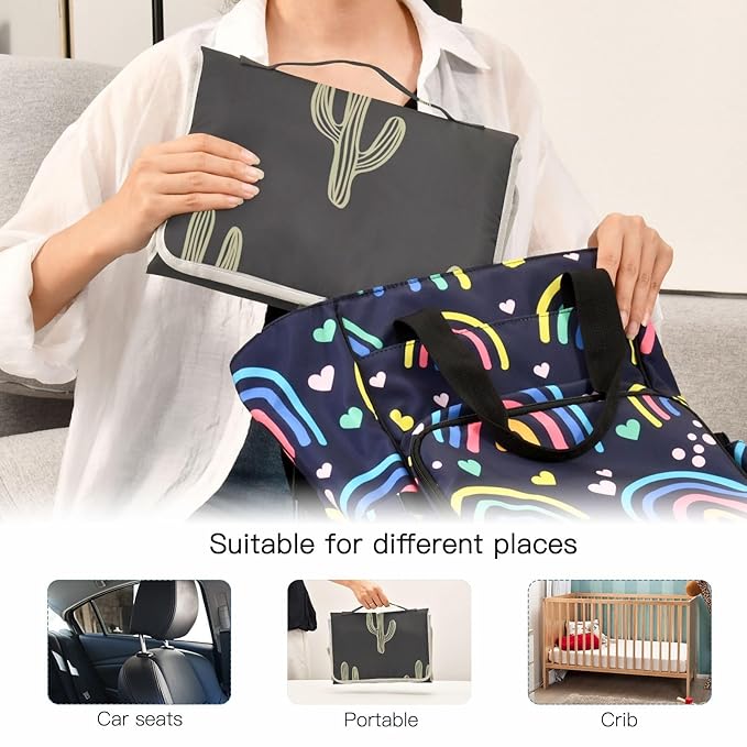 Black Cactus Portable Diaper Changing Pad - Waterproof Foldable Baby Diaper Changing Pad with Built-in Pillow, Travel Diaper Changing Mat for Newborn Baby