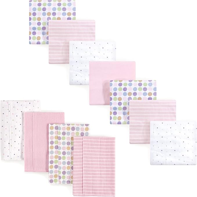Luvable Friends Unisex Baby Cotton Flannel Burp Cloths and Receiving Blankets, 11-Piece, Pink Dots, One Size