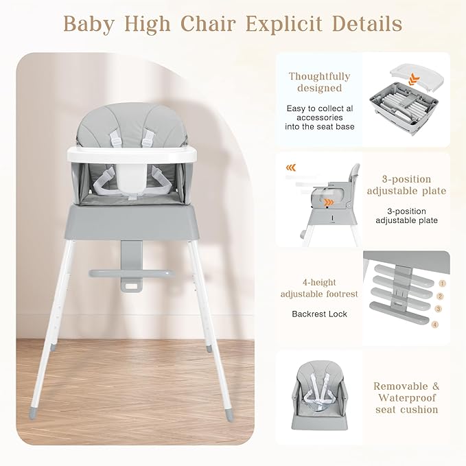 5 in 1 Foldable Baby High Chair,Convertible Highchair for Babies and Toddlers-Portable Infant Booster Seat,Carry Small Box,Dining Chair,Toddler High Chair with 5-Point Harness,Removable Tray-Grey