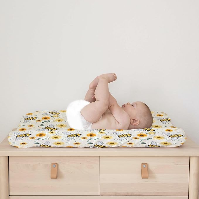 Watercolor Bees Boho Sunflowers Leaves Baby Changing Pad Covers for Boy Girl 32''x16'' Bees Retro Floral Fitted Changing Pad Sheets Bees Soft Diaper Change Table Mats