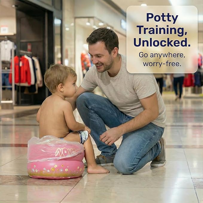 Travel Potty Seat for Toddlers - Inflatable Portable Toilet Kids Chair, Foldable Compact Lightweight Potty for Camping Road Trips, Outdoor Car Travel, Holds 66 lbs and 20 Durable Disposable Bags