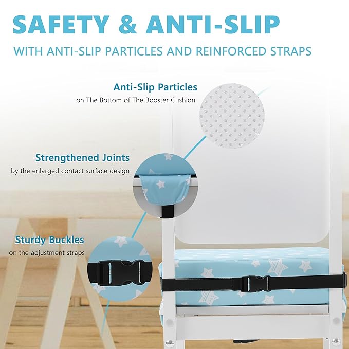 Booster Seat for Kitchen Chair, Toddler Booster Seats for Dining Table with Adjustable Straps Portable for Travel Camping Eating, Booster Cushion for Table for Baby Child Infant Kid Boy Girl