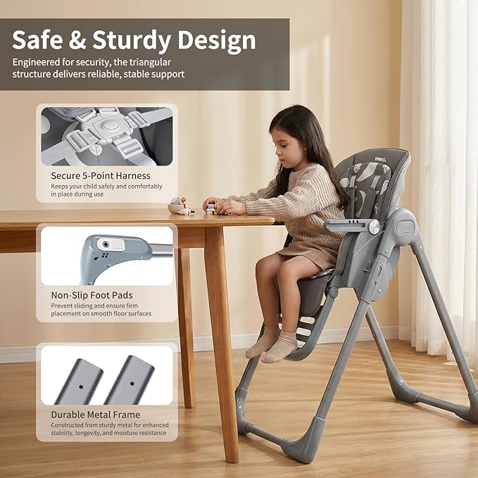 High Chair for Babies and Toddlers, Baby High Chair with Removable Tray, Adjustable Backrest, Footrest Height Settings, Space-Saving Design, Foldable (Dark Gray)