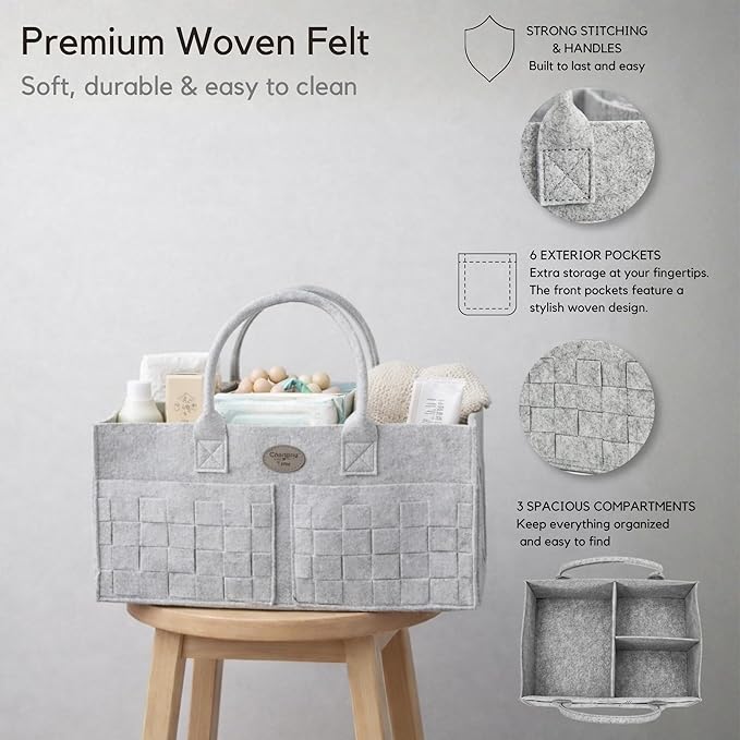Baby Diaper Caddy Organizer for Nursery – Large Felt Storage Basket for Baby Essentials, Wipes & Diapers – Portable Nursery Organizer Bin for Changing Table or Living Room Light Grey