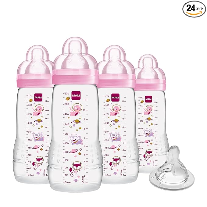 MAM Easy Active Baby Bottles 11oz w/Bonus Fast Flow Skinsoft Silicone Nipple - Wide Neck Ergonomic Design, Easy-Hold BPA-Free Construction, Leak-Proof Caps for 4+ Months, Girl (Pack of 6)