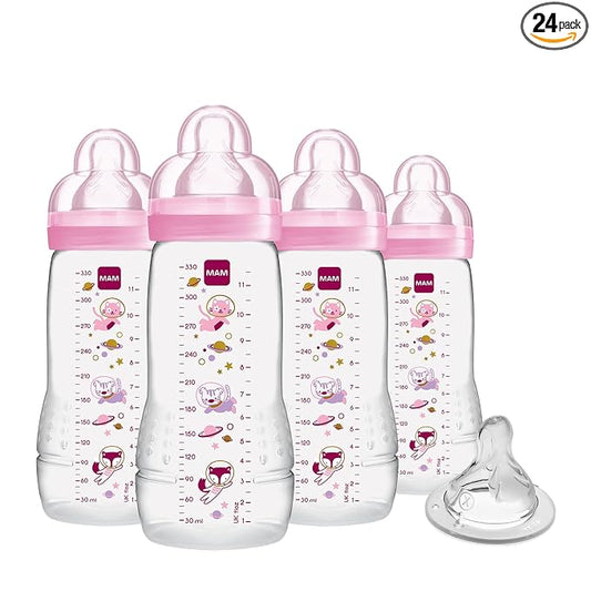 MAM Easy Active Baby Bottles 11oz w/Bonus Fast Flow Skinsoft Silicone Nipple - Wide Neck Ergonomic Design, Easy-Hold BPA-Free Construction, Leak-Proof Caps for 4+ Months, Girl (Pack of 6)