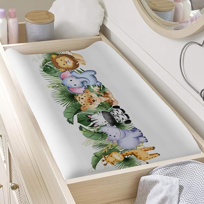Changing Pad Covers Jungle Safari Animals Tropical Leaves Flowers Unisex Diaper Change Table Sheets for Boys Girls Ultra Soft Breathable Stretchy Snug Fitted Baby Diaper Changing Cover 32''x16''