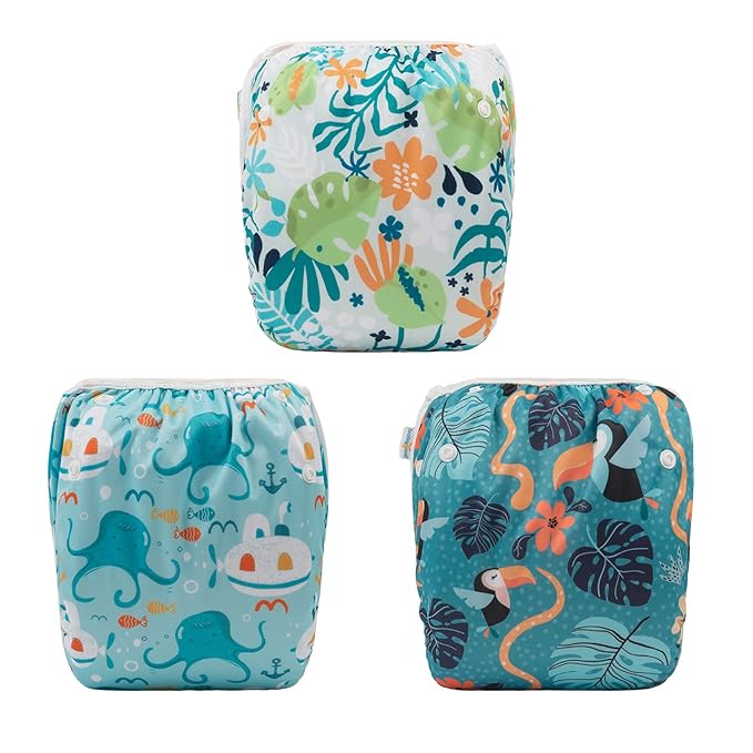 Babygoal Baby Swim Diapers 3 Pack for 0-8 Months Infant Girls and Boys, Reusable Adjustable Washable for Swimming Lessons-Flower,Octopus