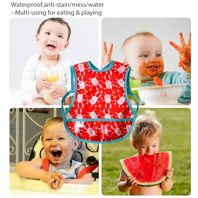 Joyo roy Mess Proof Baby Bibs for Baby Girl Waterproof Bibs for Babies 6-12 Months Soft Machine Washable Sleeveless Baby Smock Bib for Eating Travel Reusable Apron for Feeding Bib with Food Catcher