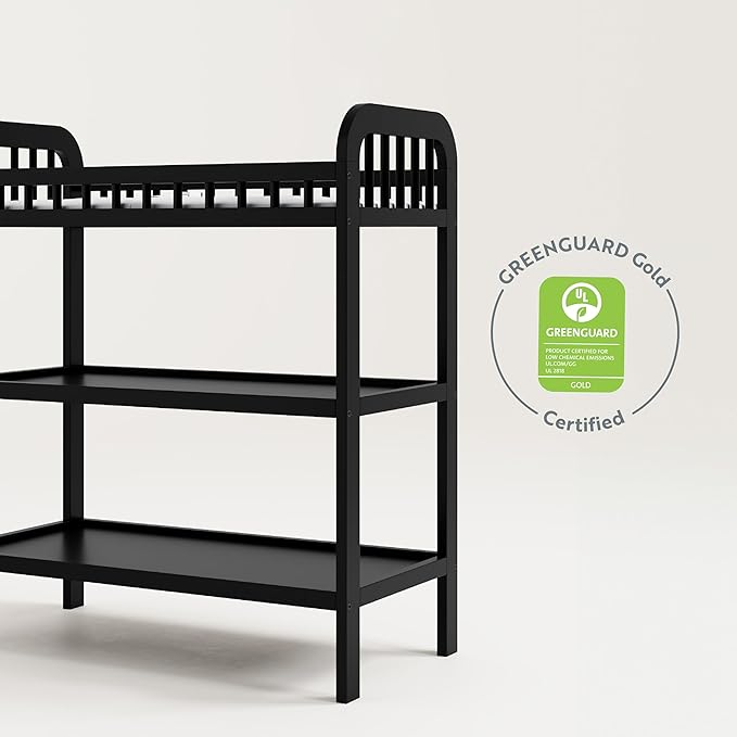 Storkcraft Pasadena Changing Table with Water-Resistant Changing Pad (Black) - GREENGUARD Gold Certified, Includes Bonus Water-Resistant Changing Pad with Safety Strap, 2 Open Shelves
