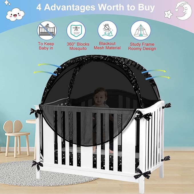Crib Tent Safety Crib Net to Keep Baby in, Black Pop up Cribs Cover to Keep Baby from Climbing Out, Breathable Mesh Blackout Mosquito Net for Toddler Bed