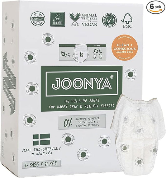 Joonya Pull-Up Pants Baby Diapers, Size 6 XXL (33+ lb) - 6 Bags of 21 (126) - Non Toxic, Eco-Friendly, High Absorbency, Overnight Use, Ultra Slim & Soft - Made in Denmark