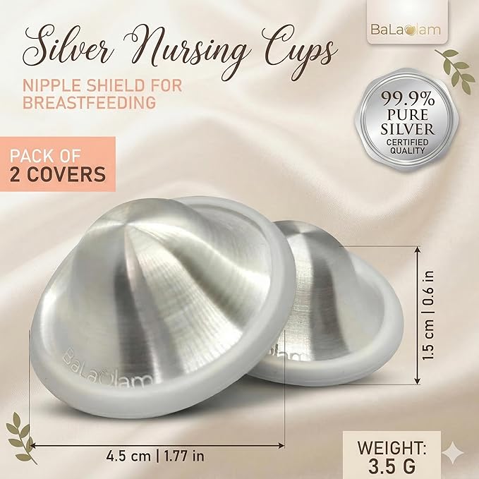 999 Pure Silver Nursing Cups for Breastfeeding – Lactation Consultant Recommended – Natural Soothing Relief for Sore or Cracked Nipples – Includes 2 Silicone Rings and Travel Case