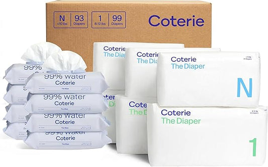 Coterie Baby Wipes + Diapers Kit, Size 1 (99 Count) & Size Newborn Diapers (93 Count), 8 Pack (448) Baby Wipes with 99% Water, Plant Based Materials, Hypoallergenic for Sensitive Skin