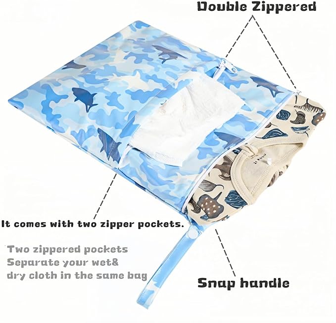 2-Pack Baby Wet Dry Bags Waterproof Reusable Diaper Bags with Two Zippered Pockets Travel Beach Pool Gym and Yoga Bag for Cloth Diapers Wet Clothes Swimsuits and Breast Pump Parts (Pink Flower Small)