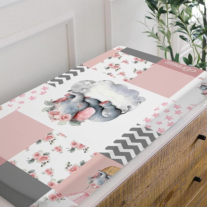 HawSkgFub Sleeping Elephant Floral Changing Pad Cover for Baby Girls Pink, Dream Big Little One Flower Diaper Change Table Covers, Soft Stretchy Safe Snug Fitted Changing Mat Sheets Fit 32"/34" x 16"
