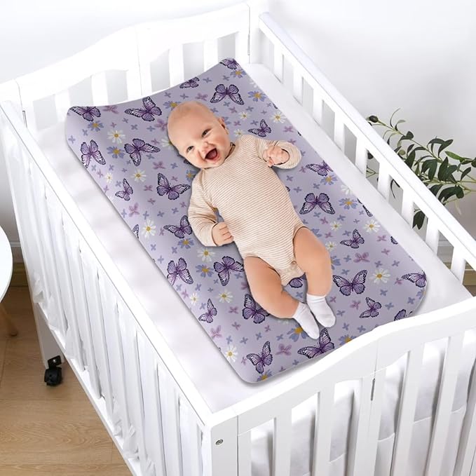 Butterfly Purple Changing Pad Cover for Baby Girls Boys Special Comfort Diaper Change Table Pad Covers Soft Breathable Changing Pad Sheets