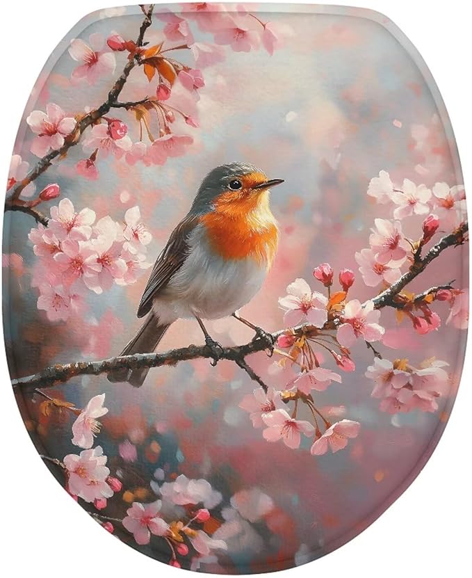 Robin Bird with Flower Toilet Seat Covers for Bathroom Decoration Flannel Fabric Soft Bathroom Covers Keep Clean Tidy Suitable for Public Bathrooms Long-Term Travel Boarding