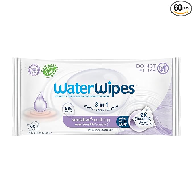 WaterWipes Sensitive+ Soothing Wipes, 3-In-1 Cleans, Cares, Soothes, 99% Water with Botanical Extract, Unscented & Hypoallergenic Baby Wipes, 60 Count (1 Pack)