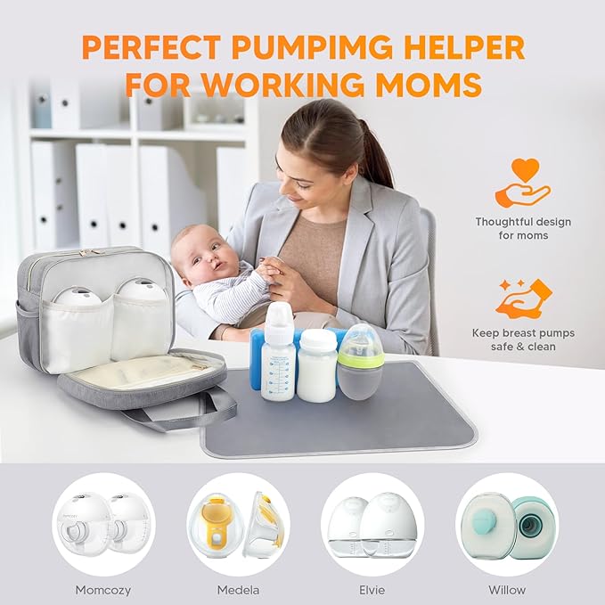 PIIOSER Breastmilk Cooler Travel Bag with Ice Pack, Compatible with Wearable Breast Pumps & Accessories - Portable Hands Free Breast Pump Carrying Case for Nursing & Working Moms, Grey