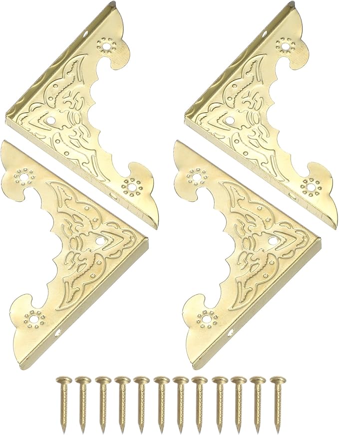 uxcell 4Pcs Decorative Metal Corner Protectors 1.6 x 1.6 x 0.15 Inch Vintage Edge Safety Guard with Mounting Nails Box Edge Guard Retro for Cabinets Furniture (Brass Yellow)