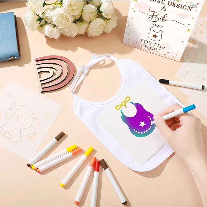 Panitay 100 Pcs DIY Baby Bibs Decorating Kit 50 White Bibs 25 Stencils 24 Markers 1 Baby Shower Game Sign