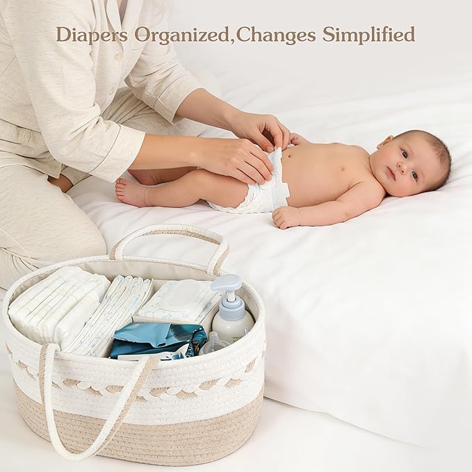Diaper caddy Organizer, Cotton Rope Gift Basket with Removable Divider, Nursery Storage Organizer for Baby Essentials, Changing Table Diaper Storage Caddy (Brown)