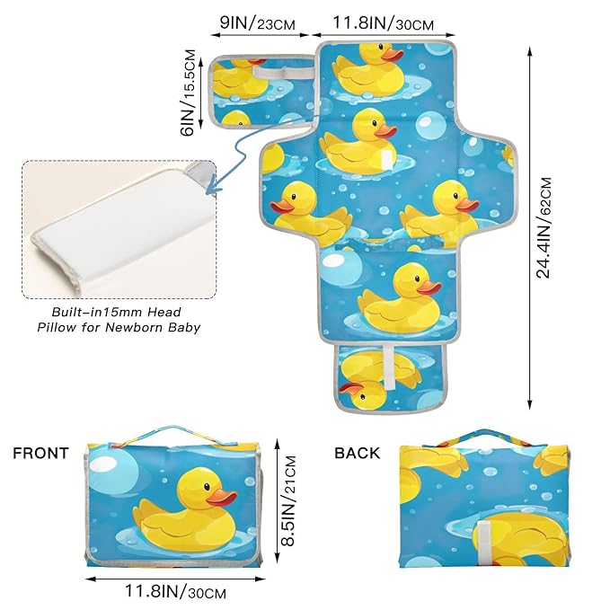 Yellow Rubber Ducks Blue Portable Changing Pad for Unisex Baby Toddler Waterproof Foldable Baby Changing Mat with Pillow & Shoulder Strap Travel Changing Kit for Gift Traveling Hiking
