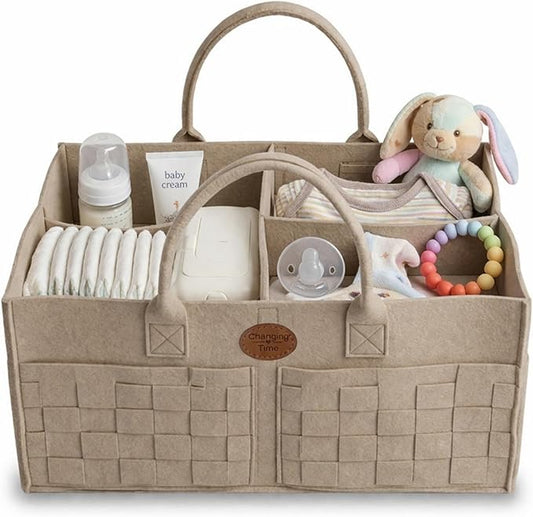 Baby Diaper Caddy Organizer for Nursery – Large Felt Storage Basket for Baby Essentials, Wipes & Diapers – Portable Nursery Organizer Bin for Changing Table or Living Room Beige