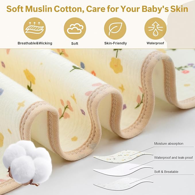 Muslin Diaper Changing Pad, Waterproof Diaper Change Mat Liner for Baby, Reusable Incontinence Underpad for Travel, Leakproof Absorbent Mat for Newborn